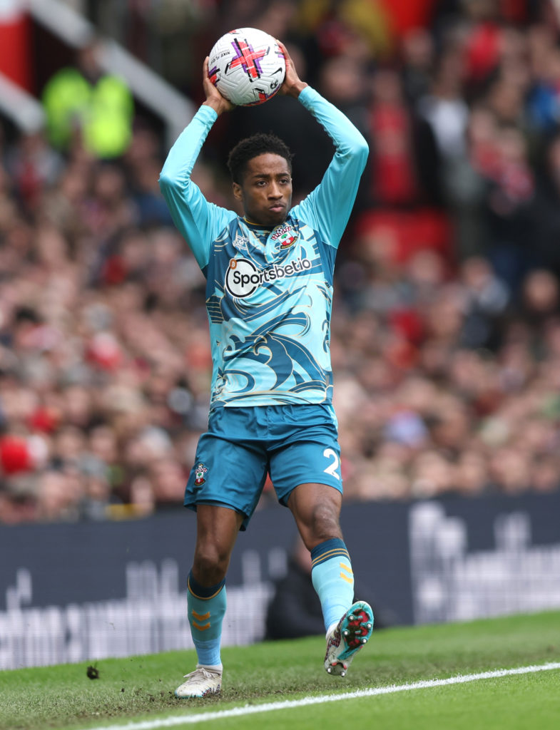 Kyle Walker-Peters of Southampton takes a throw in during the Premier League match between Manchester United and Southampton FC at Old Trafford on ...