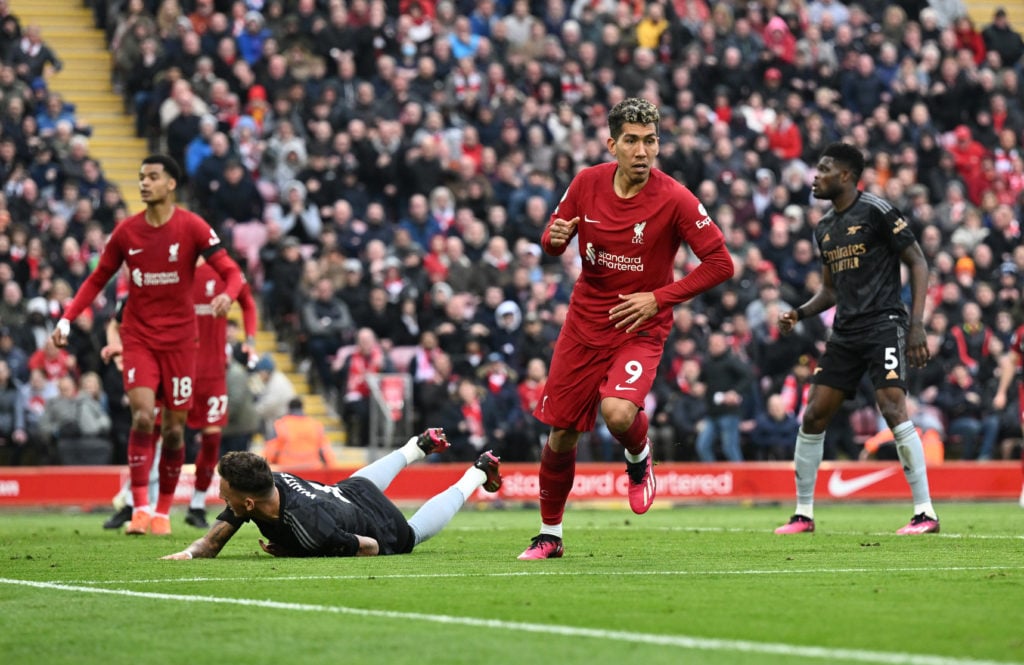 ( THE SUN OUT,THE SUN ON SUNDAY OUT) Roberto Firmino of Liverpool celebrates  after scoring the second goal   during the Premier League match betwe...