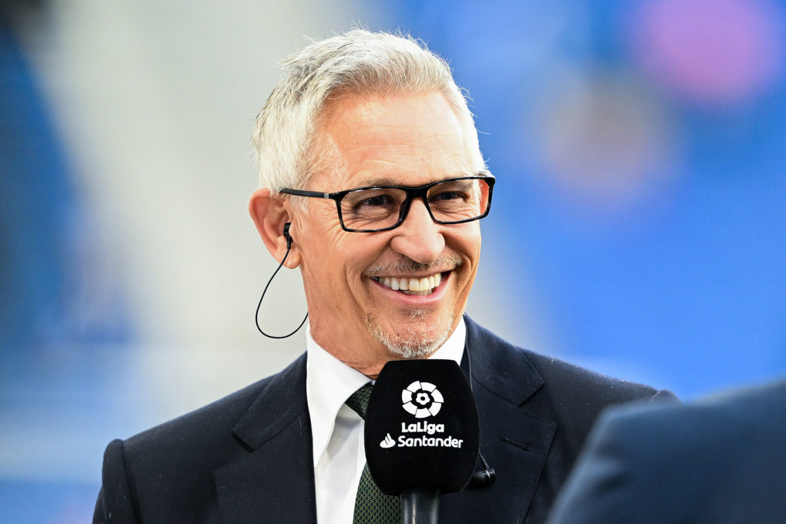Gary Linker is seen presenting for LaLigaTV prior to the LaLiga Santander match between RCD Espanyol and FC Barcelona at RCDE Stadium on May 14, 20...