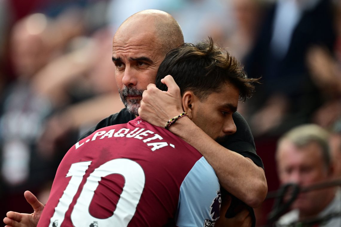 Manchester City's Spanish manager Pep Guardiola greets West Ham United's Brazilian midfielder #10 Lucas Paqueta during the English Premier League f...
