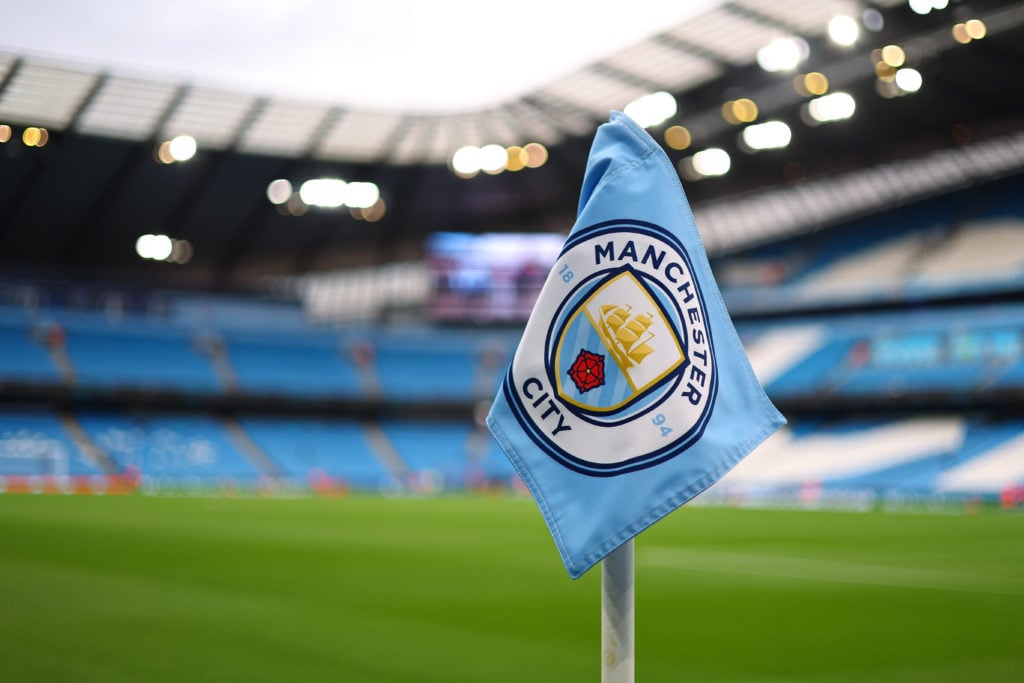 Manchester City corner flag with a logo / badge on during the UEFA Champions League match between Manchester City and FK Crvena Zvezda at Etihad St...