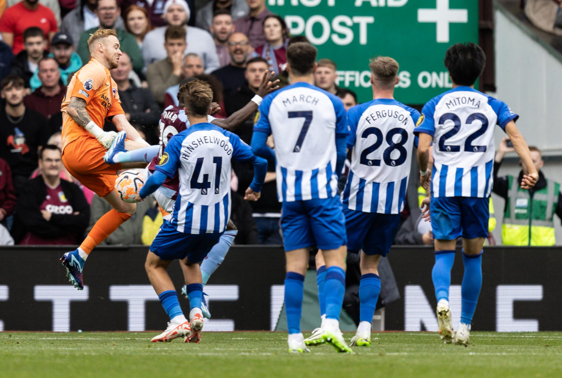 Brighton & Hove Albion's goalkeeper Jason Steele (left) competing with Aston Villa's Moussa Diaby during the Premier League match between Aston...