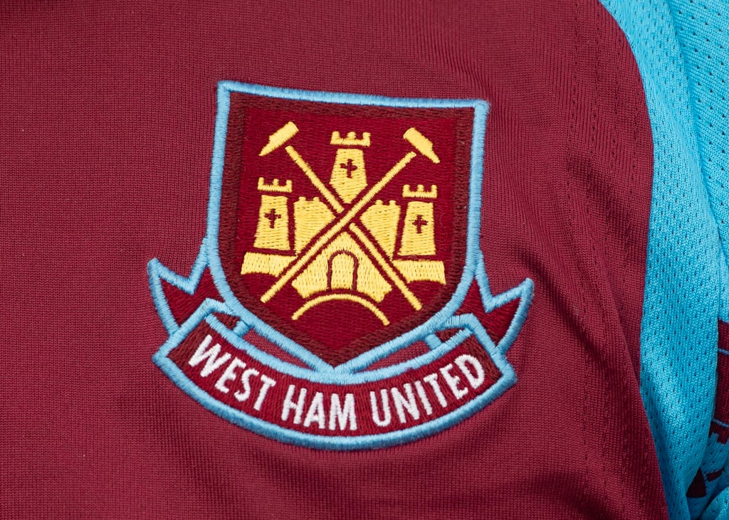 A detailed view of a West Ham United club badge prior to the Premier League match between West Ham United and Sheffield United at London Stadium on September 30, 2023