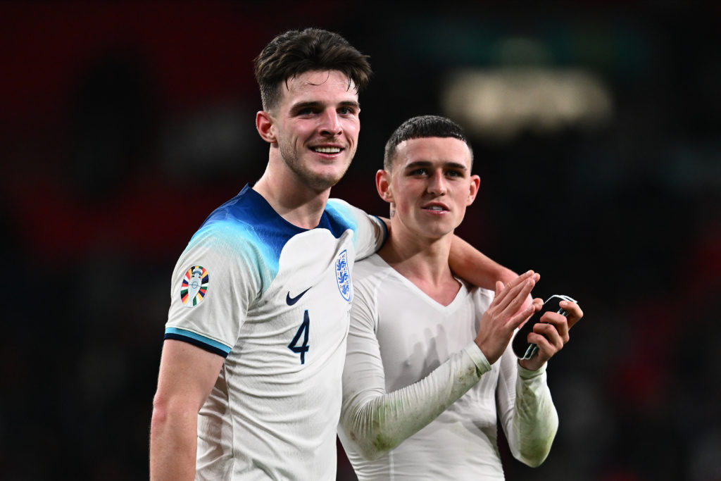 Declan Rice, Phil Foden of England react during the UEFA EURO 2024 European qualifier match between England and Italy at Wembley Stadium on October...