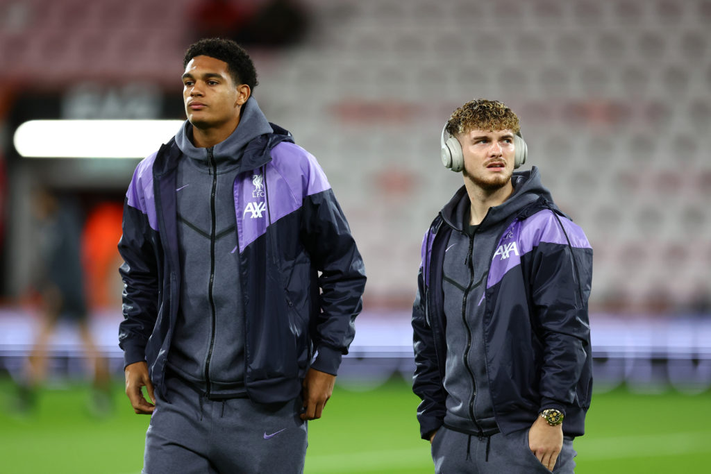 Jarell Quansah and Harvey Elliott of Liverpool look on as they inspect the pitch prior to the Carabao Cup Fourth Round match between AFC Bournemout...