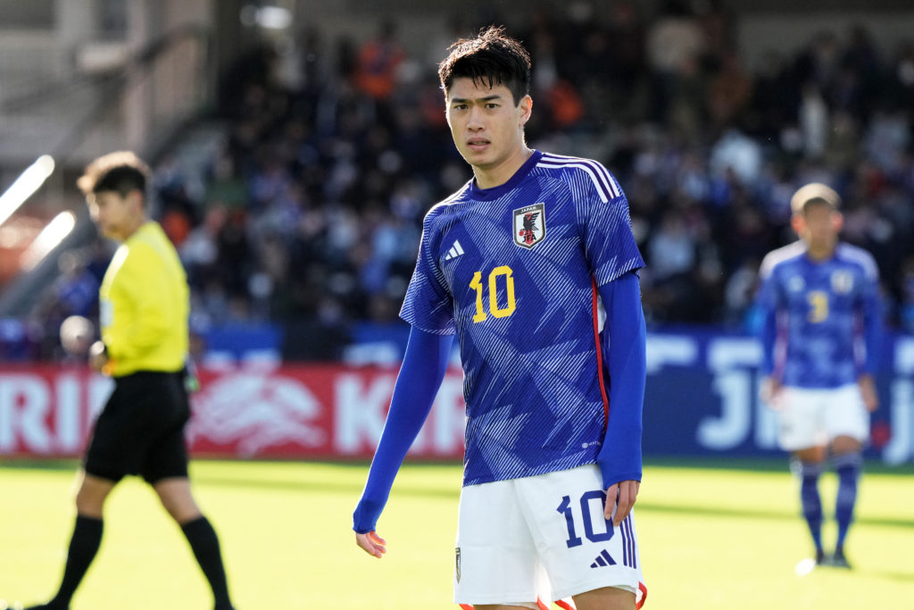 Yuito Suzuki of Japan looks on during the U-22 international friendly match between Japan and Argentina at IAI Stadium Nihondaira on November 18, 2...