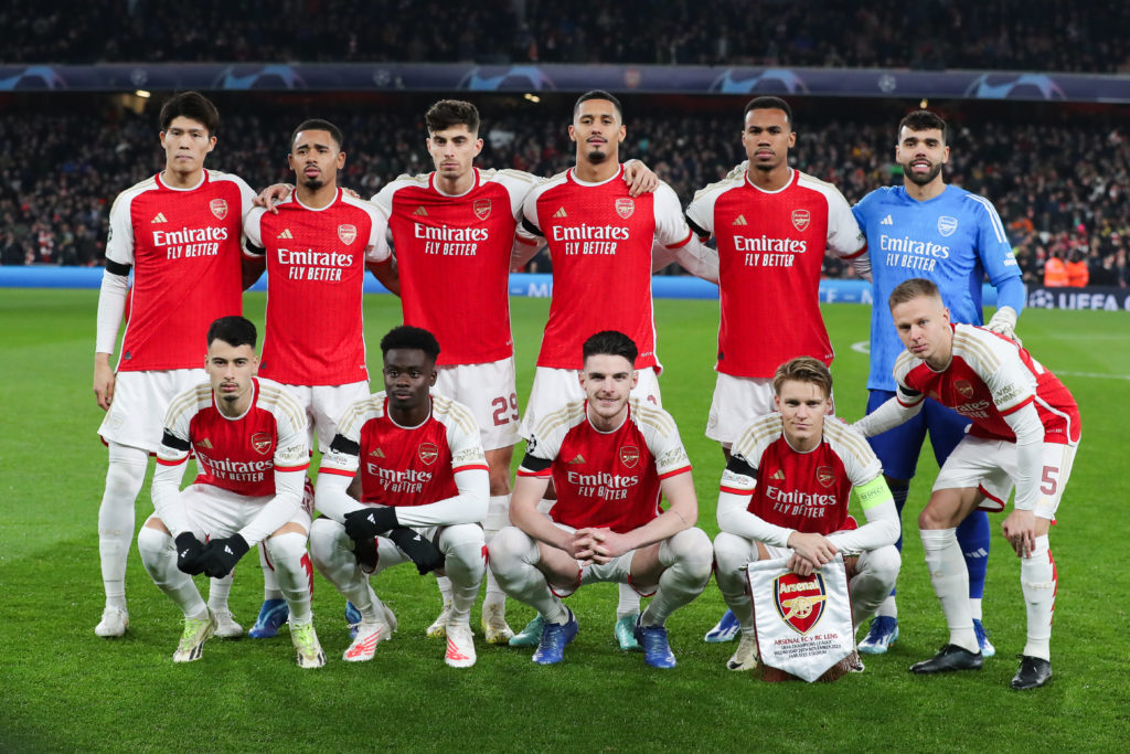 Arsenal players pose for a group photo ahead of the UEFA Champions League match between Arsenal FC and RC Lens at the Emirates Stadium on November 1...