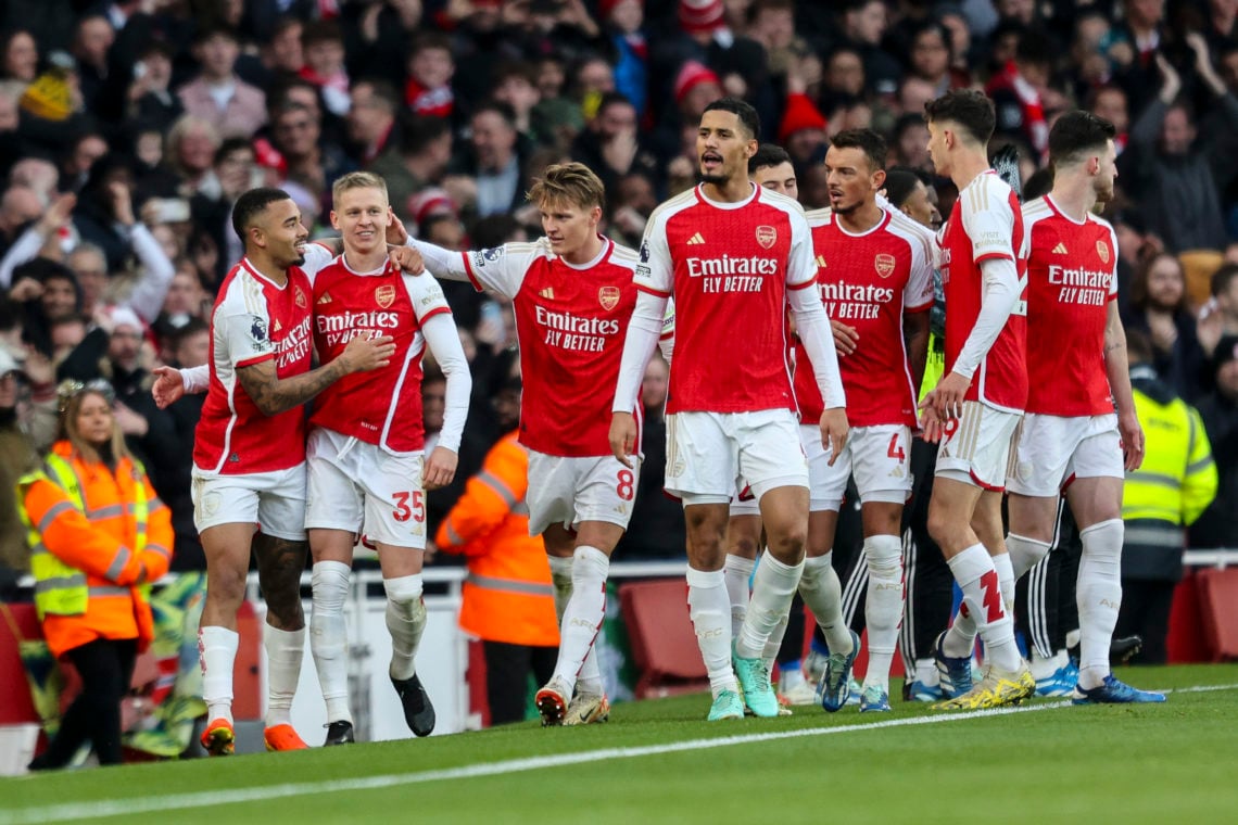 Gabriel Jesus of Arsenal is congratulated by team-mate Oleksandr Zinchenko after he scores a goal to make it 1-0 during the Premier League match be...