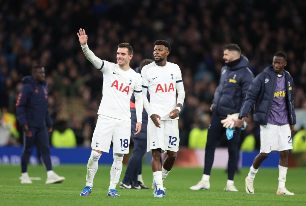 Giovani Lo Celso and Emerson Royal of Tottenham Hotspur acknowledge the fans at full-time following the team's victory in the Premier League match ...