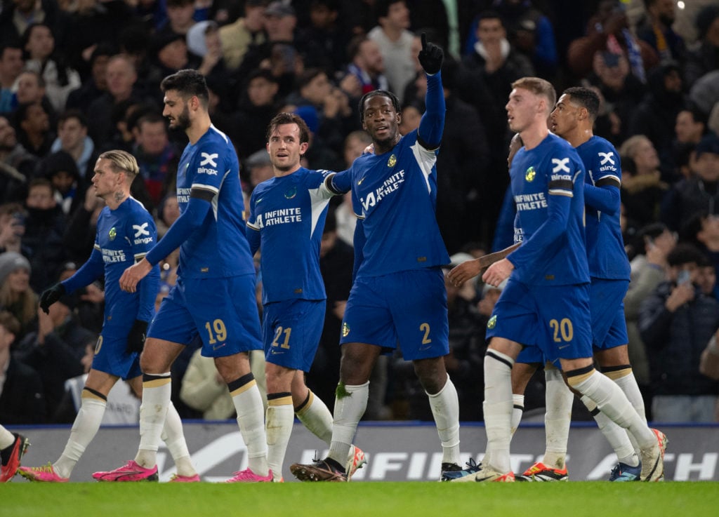 Axel Disasi of Chelsea celebrates scoring his team's third goal with team mates Armando Broja, Ben Chilwell and Cole Palmer during the Carabao Cup ...