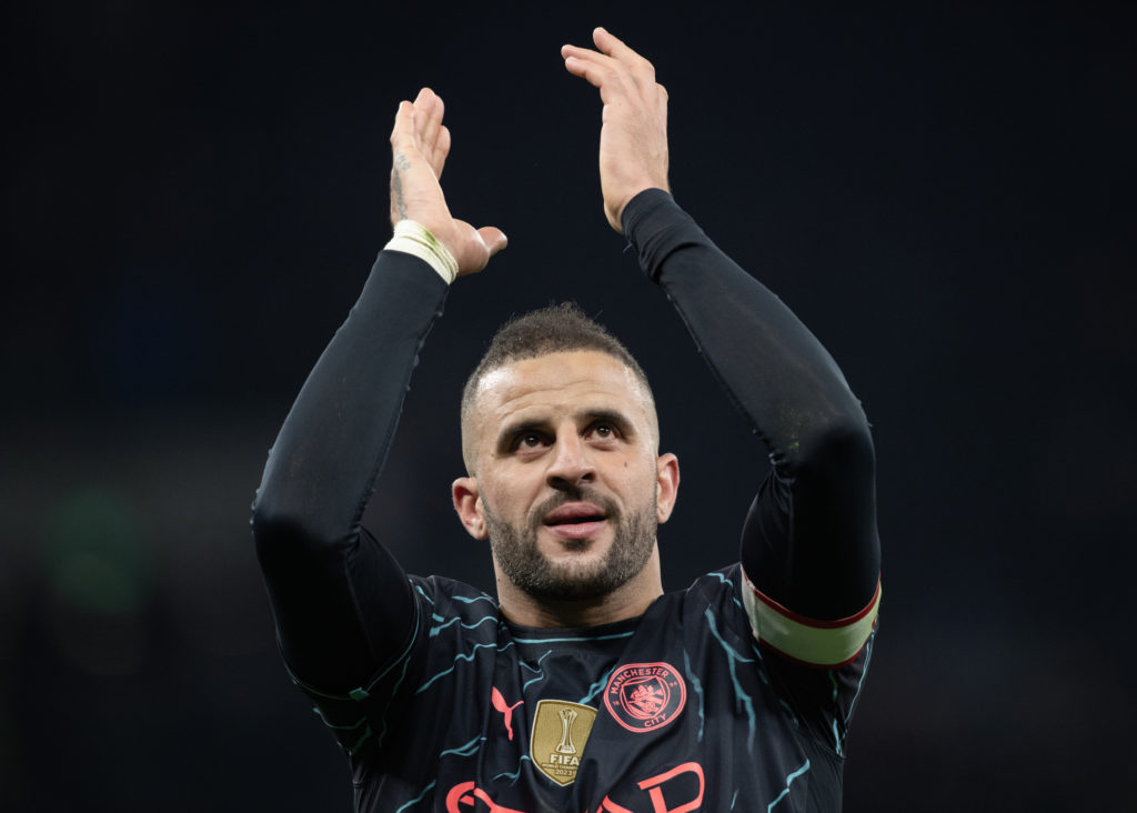 Kyle Walker of Manchester City acknowledges the fans after the Emirates FA Cup Fourth Round match between Tottenham Hotspur and Manchester City at ...