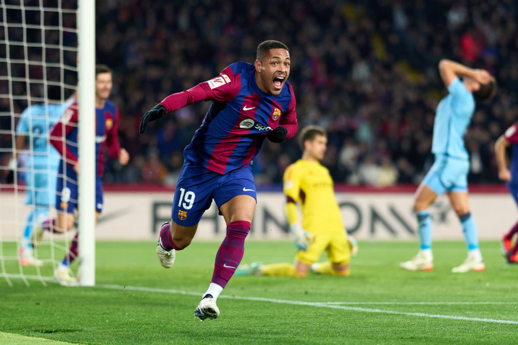 Vitor Roque of FC Barcelona celebrates after scoring his team's first goal during the LaLiga EA Sports match between FC Barcelona and CA Osasuna at...