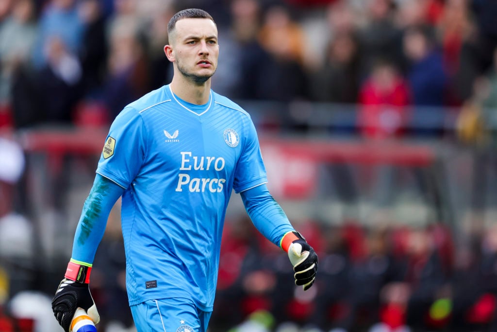 Goalkeeper Justin Bijlow of Feyenoord Rotterdam looks on during the Dutch Eredivisie match between AZ Alkmaar and Feyenoord at AFAS Stadion on Febr...