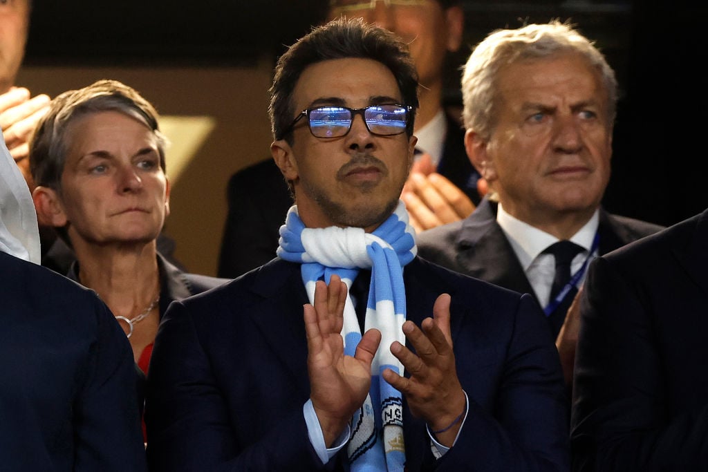 The Manchester City owner Abu Dhabi royal Sheikh Mansour bin Zayed Al Nahyan applauds his team onto the pitch before the UEFA Champions League Fina...