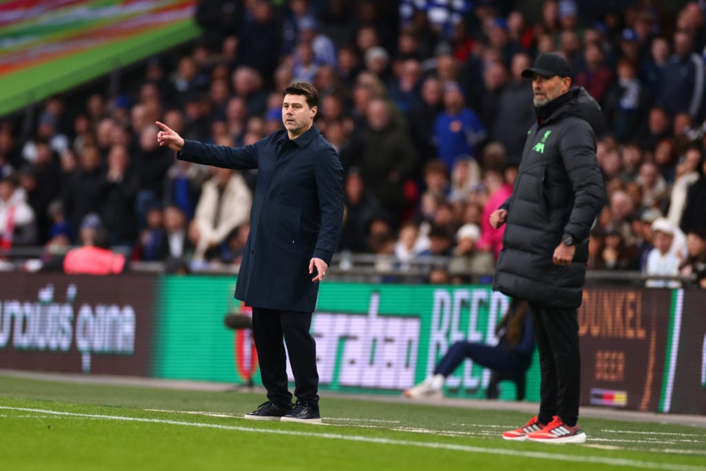 Chelsea manager Mauricio Pochettino while Liverpool manager Jurgen Klopp looks on during the Carabao Cup Final match between Chelsea and Liverpool ...