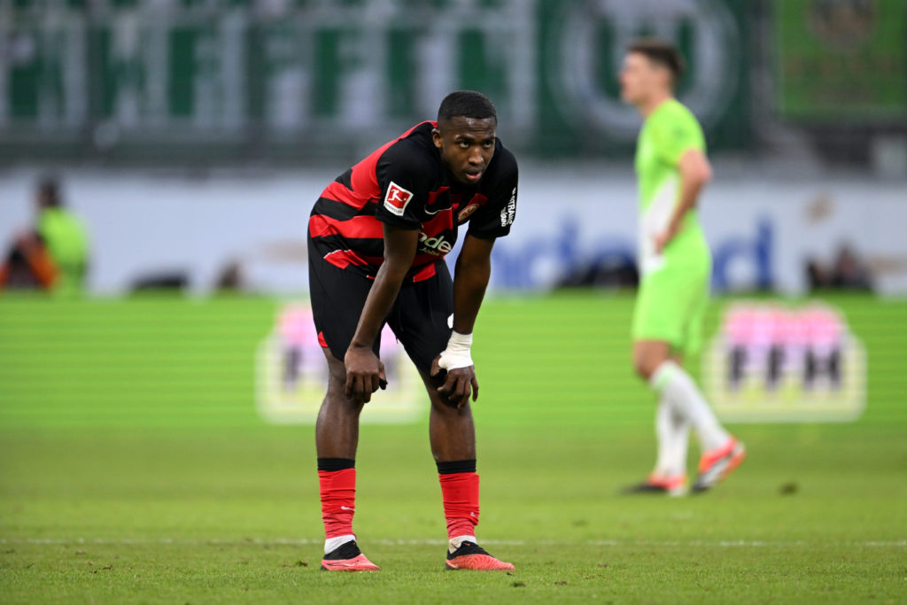 William Pacho of Eintracht Frankfurt reacts after the Bundesliga match between Eintracht Frankfurt and VfL Wolfsburg at Deutsche Bank Park on Febru...