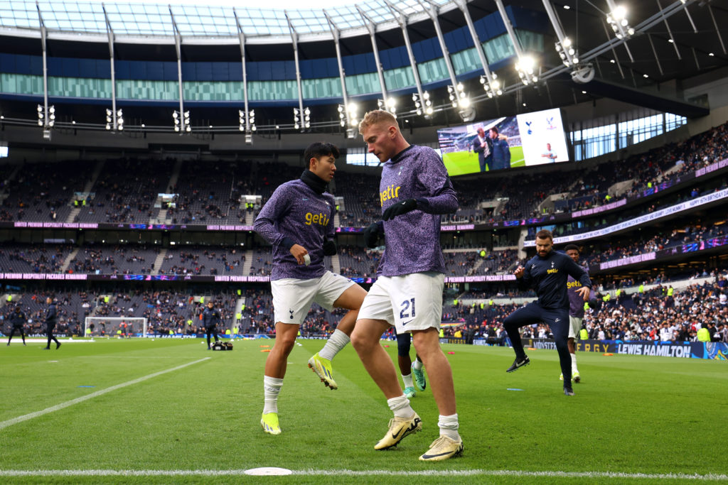 General view inside the stadium as Son Heung-Min and Dejan Kulusevski of Tottenham Hotspur warm up prior to the Premier League match between Totten...