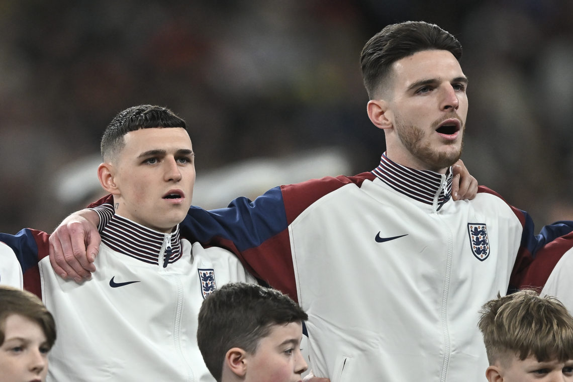 Phil Foden of England and Declan Rice of England during the international friendly match between England and Brazil at Wembley Stadium on March 23,...
