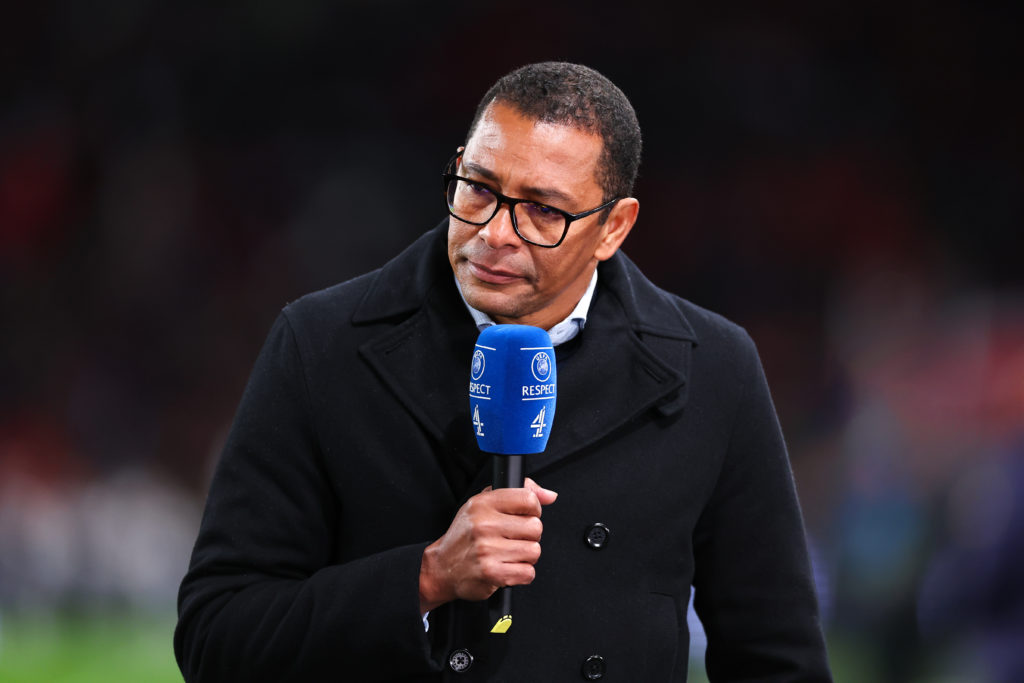 Gilberto Silva working as a presenter / pundit for Channel 4 during the international friendly match between England and Brazil at Wembley Stadium ...