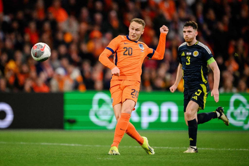 Teun Koopmeiners of the Netherlands shoots during the friendly match between Netherlands and Scotland at Johan Cruyff Arena on March 22, 2024 in Am...