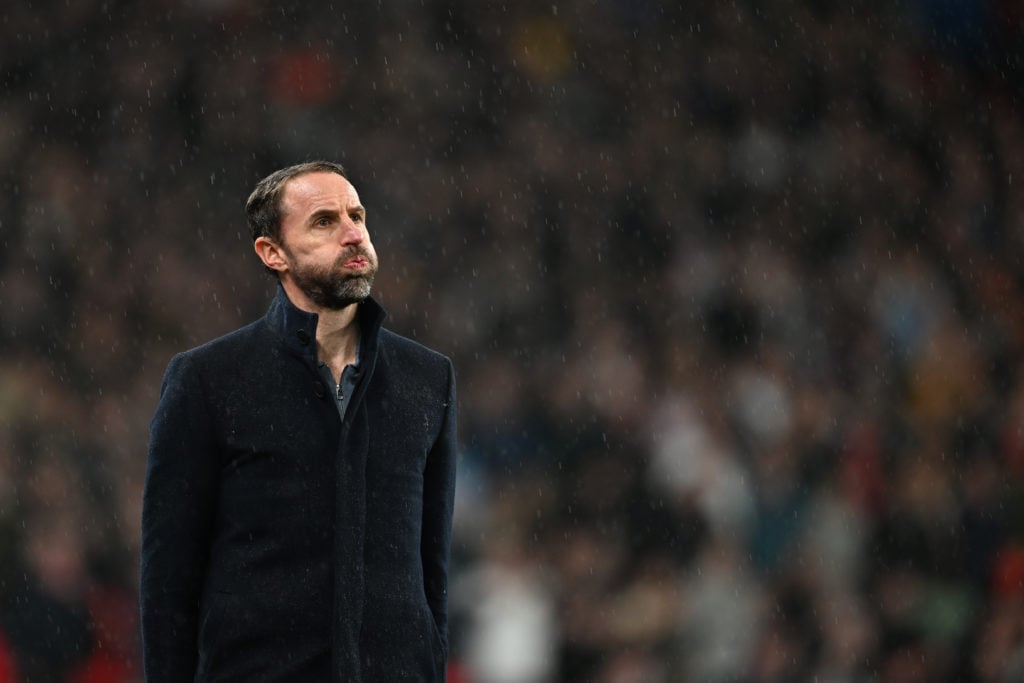 Gareth Southgate, manager of England looks dejected during the international friendly match between England and Belgium at Wembley Stadium on March...