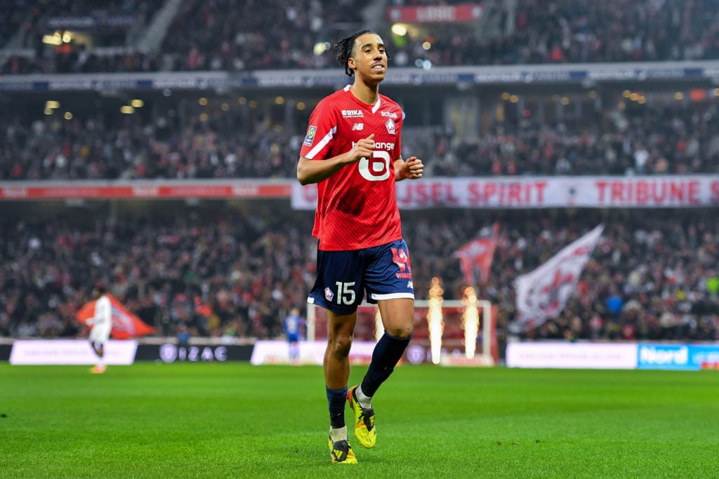 Leny Yoro of Lille OSC looks on  during the Ligue 1 Uber Eats match between Lille OSC and Olympique de Marseille at Stade Pierre-Mauroy on April 05...