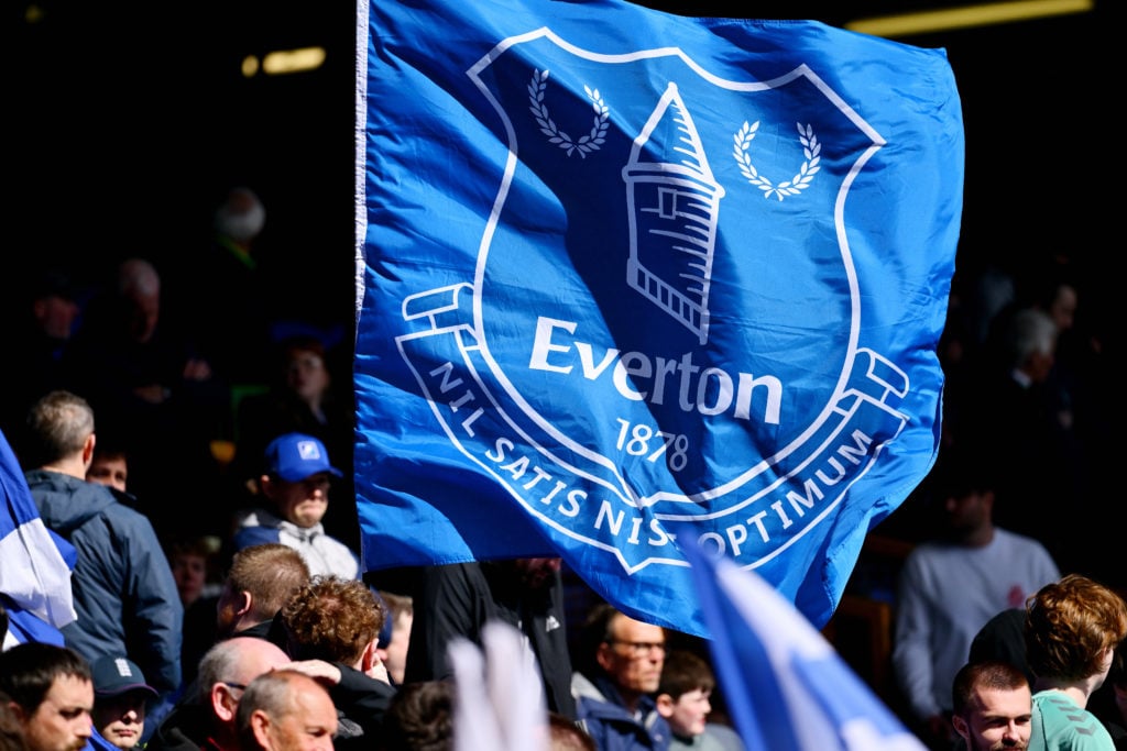 A general view of Everton fans flags and banners before the Premier League match between Everton FC and Burnley FC at Goodison Park on April 06, 20...