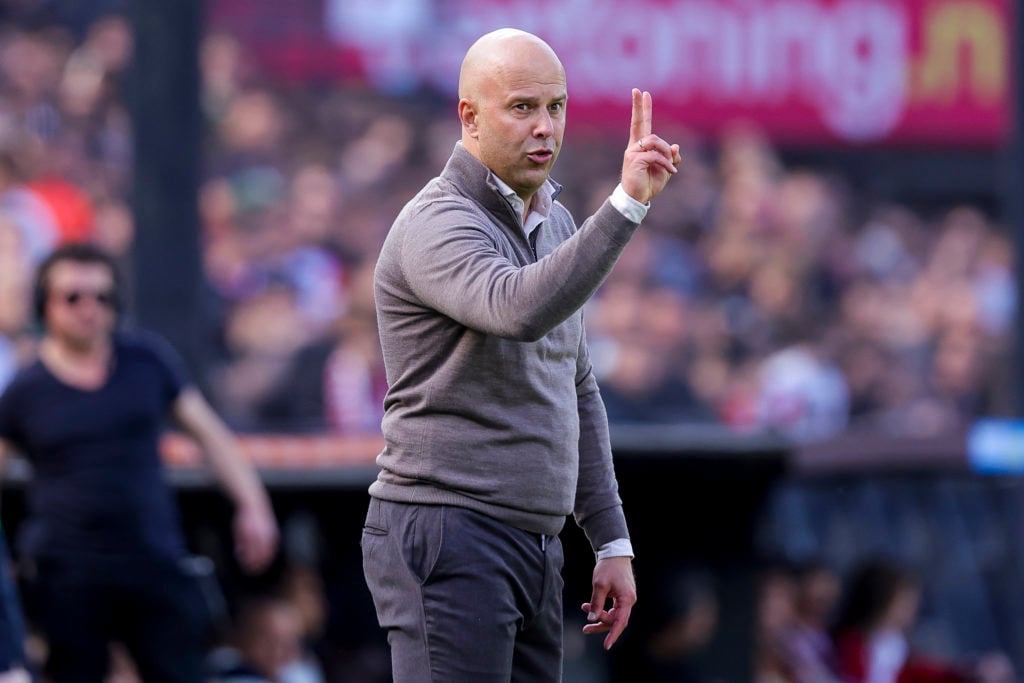 head coach Arne Slot of Feyenoord Rotterdam looks on during the Dutch Eredivisie match between Feyenoord and AFC Ajax at Feyenoord Stadium on April...