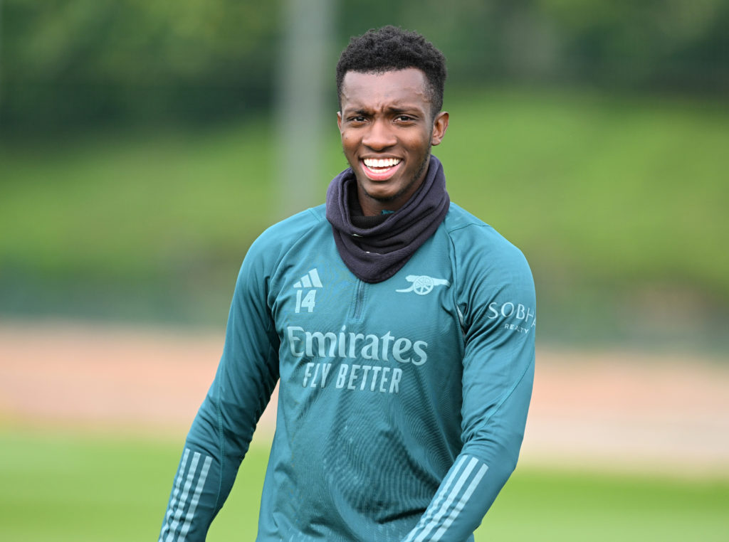 Eddie Nketiah of Arsenal during a training session at Sobha Realty Training Centre on April 08, 2024 in London Colney, England.