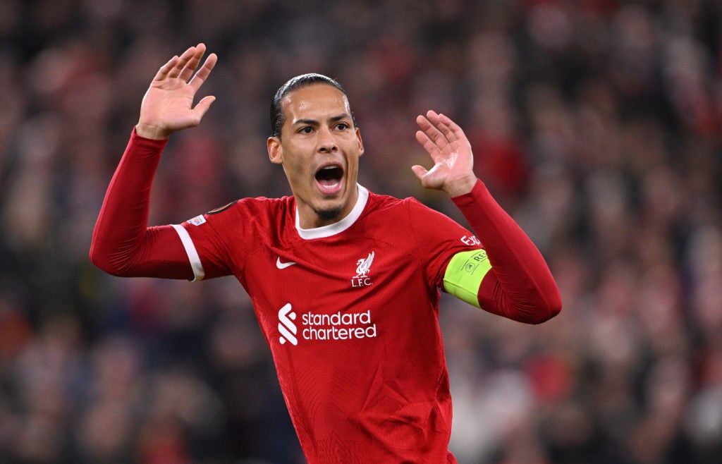 Liverpool captain Virgil Van Dijk reacts during the UEFA Europa League 2023/24 Quarter-Final first leg match between Liverpool FC and Atalanta at A...