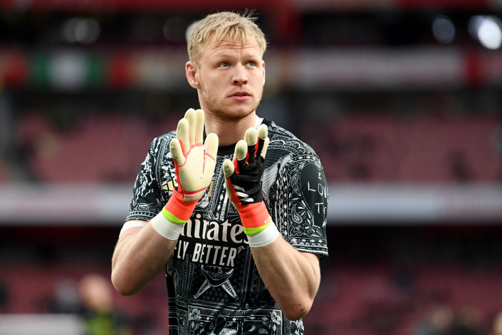 Aaron Ramsdale of Arsenal applauds the fans during the warm up prior to the Premier League match between Arsenal FC and Chelsea FC at Emirates Stad...