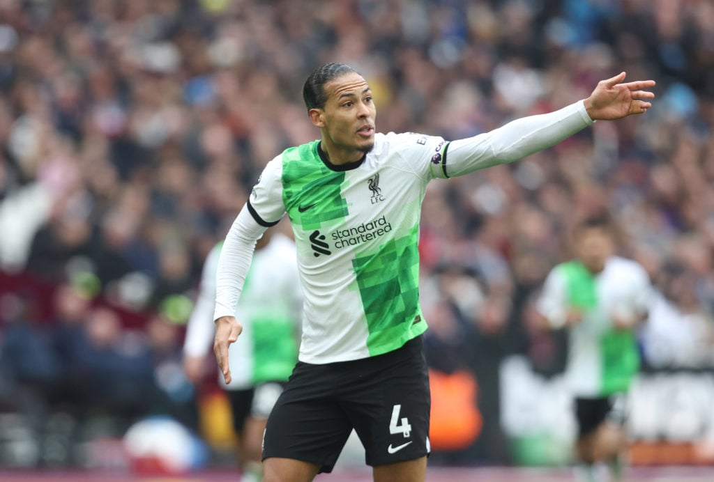 Liverpool's Virgil van Dijk during the Premier League match between West Ham United and Liverpool FC at London Stadium on April 27, 2024 in London,...