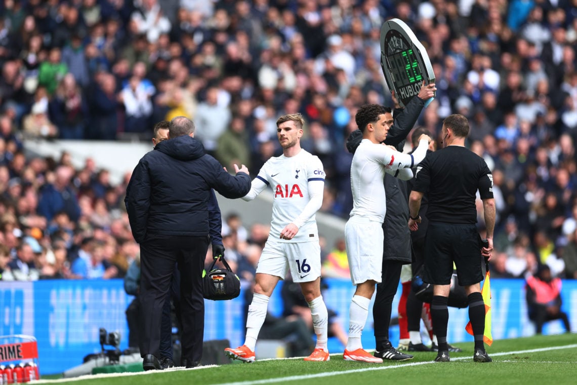 Ange Postecoglou embraces Timo Werner of Tottenham Hotspur as he is substituted off during the Premier League match between Tottenham Hotspur and A...