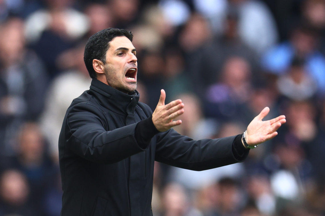 Mikel Arteta, Manager of Arsenal, gives the team instructions during the Premier League match between Tottenham Hotspur and Arsenal FC at Tottenham...