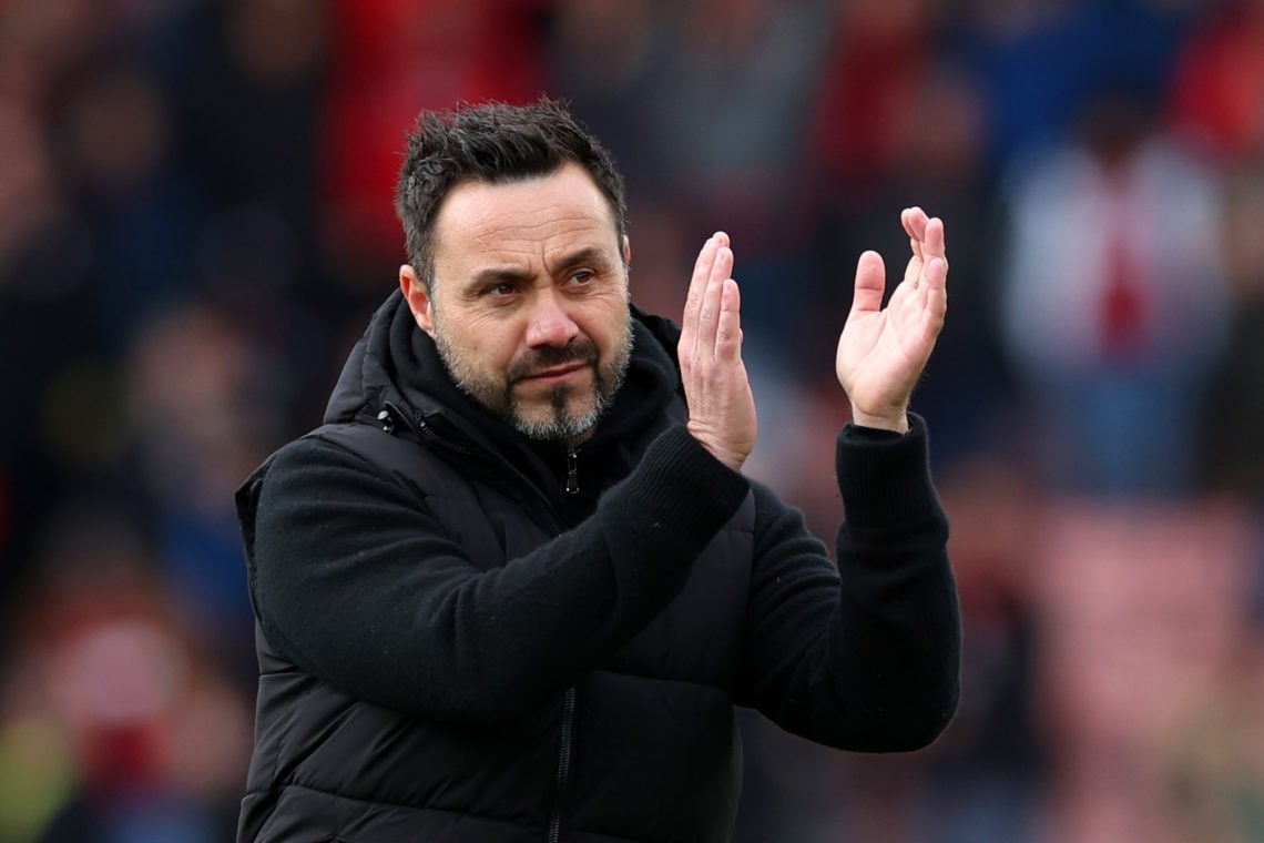 Roberto De Zerbi, Manager of Brighton & Hove Albion, applauds the fans after the team's defeat during the Premier League match between AFC Bour...