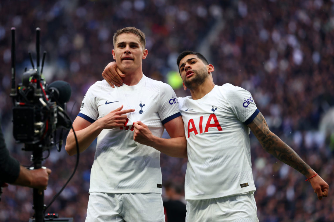 Micky van de Ven of Tottenham Hotspur celebrates with team-mate Cristian Romero after scoring a goal that was later ruled out by VAR during the Pre...