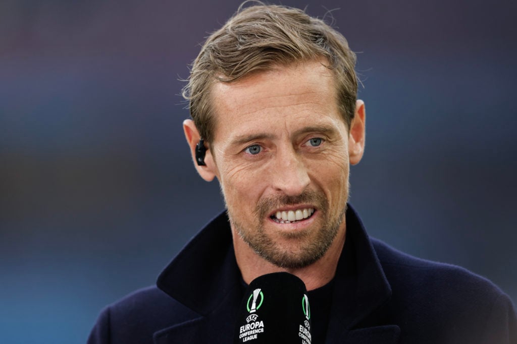 TV pundit Peter Crouch working for TNT Sports during the UEFA Europa Conference League 2023/24 Semi-Final first leg match between Aston Villa and O...