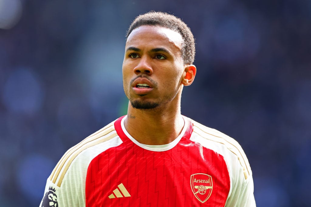 Gabriel Magalhaes of Arsenal looks on during the Premier League match between Tottenham Hotspur and Arsenal FC at Tottenham Hotspur Stadium on Apri...