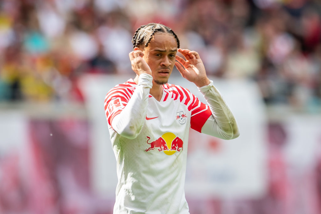 Xavi Simons of RB Leipzig reacts during the Bundesliga match between RB Leipzig and Borussia Dortmund at Red Bull Arena on April 27, 2024