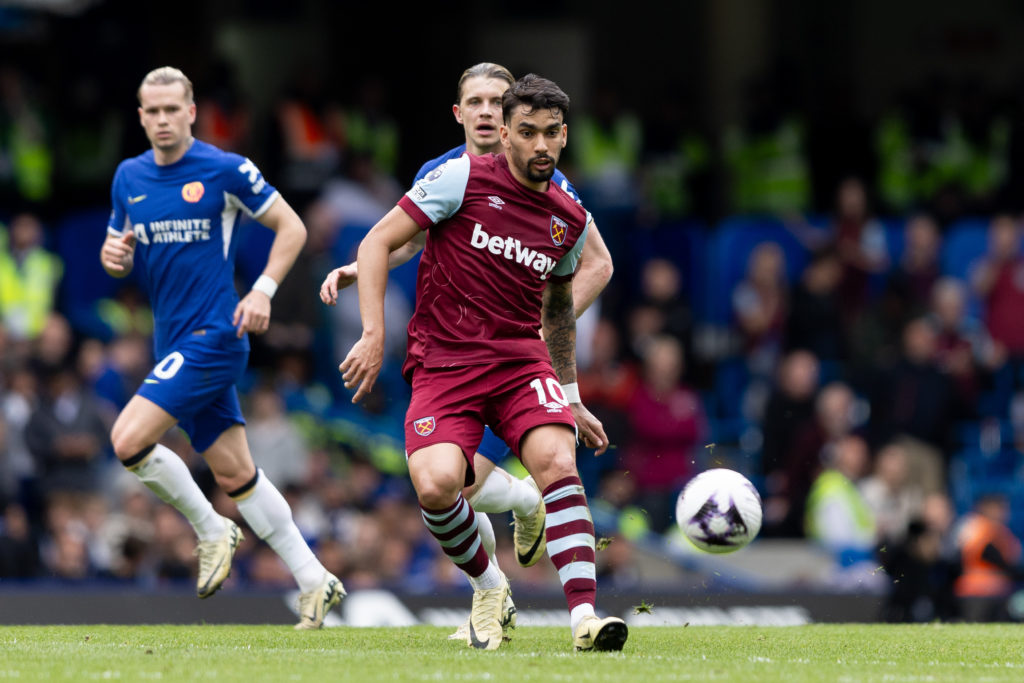 Lucas Paquetá of West Ham United passes the ball during the Premier League match between Chelsea FC and West Ham United at Stamford Bridge on May 5...