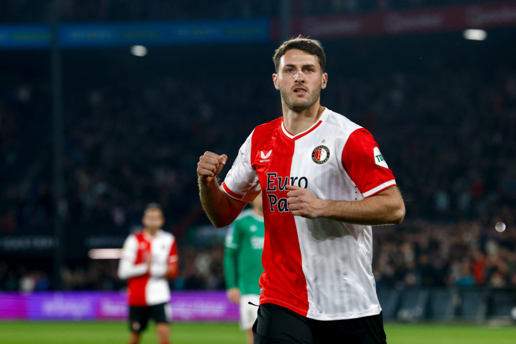 Santiago Gimenez of Feyenoord celebrates 3-0 during the Dutch Eredivisie  match between Feyenoord v PEC Zwolle at the Stadium Feijenoord on May 5, ...