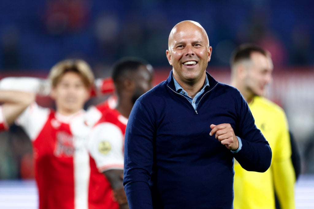 coach Arne Slot of Feyenoord celebrates the victory  during the Dutch Eredivisie  match between Feyenoord v PEC Zwolle at the Stadium Feijenoord on...