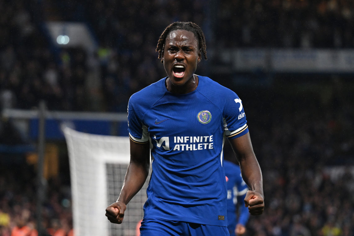 Trevoh Chalobah of Chelsea celebrates scoring his team's first goal during the Premier League match between Chelsea FC and Tottenham Hotspur at Sta...