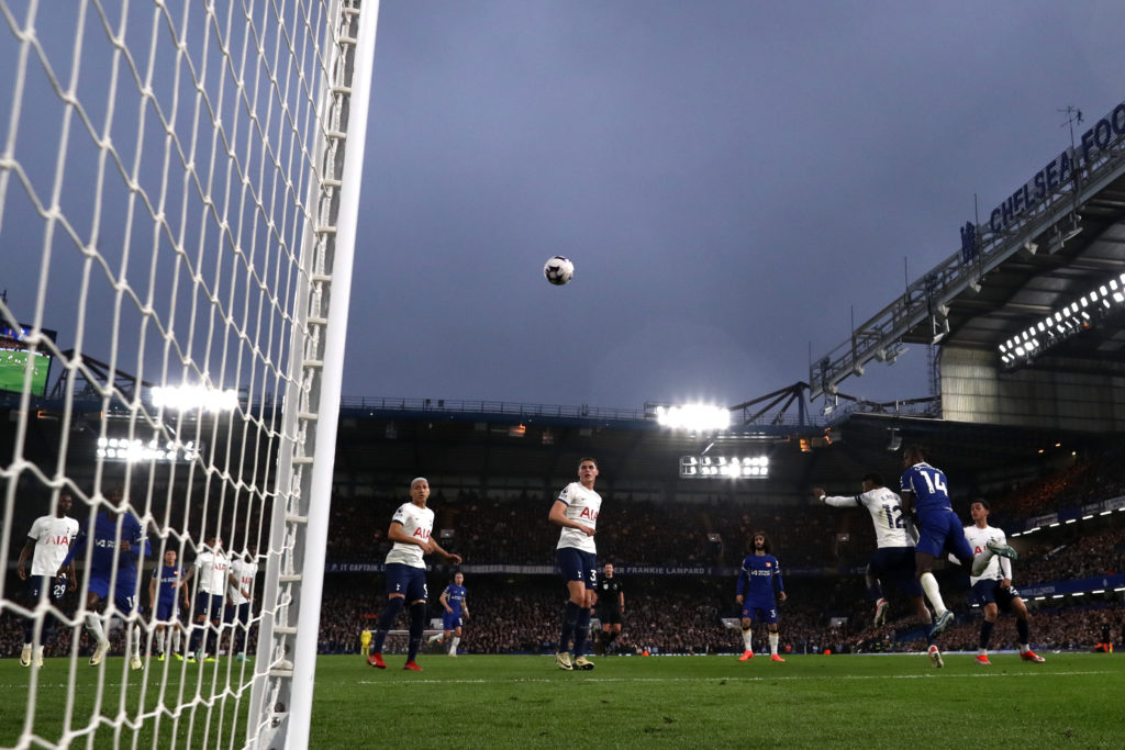 (EDITORS NOTE: In this photo taken from a remote camera from behind the goal.) Trevoh Chalobah of Chelsea scores his team's first goal from a heade...