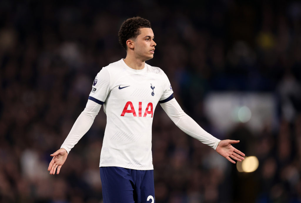 Brennan Johnson of Tottenham Hotspur reacts during the Premier League match between Chelsea FC and Tottenham Hotspur at Stamford Bridge on May 02, ...