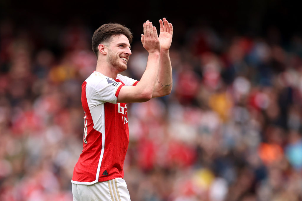 Declan Rice of Arsenal applauds the fans after the team's victory in the Premier League match between Arsenal FC and AFC Bournemouth at Emirates St...