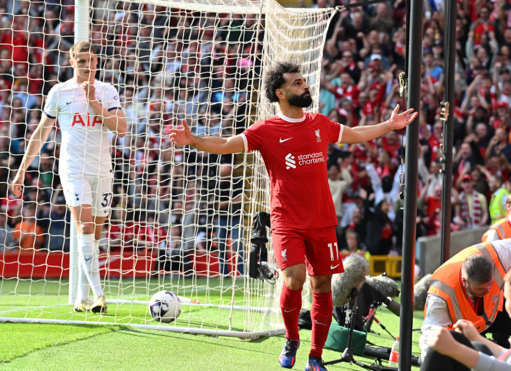 (THE SUN OUT. THE SUN ON SUNDAY OUT) Mohamed Salah of Liverpool celebrates after scoring the opening goal during the Premier League match between L...