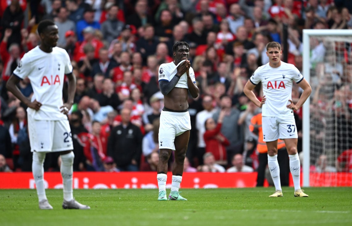 Yves Bissouma of Tottenham Hotspur looks dejected after Harvey Elliott of Liverpool (not pictured) scores his team's fourth goal during the Premier...