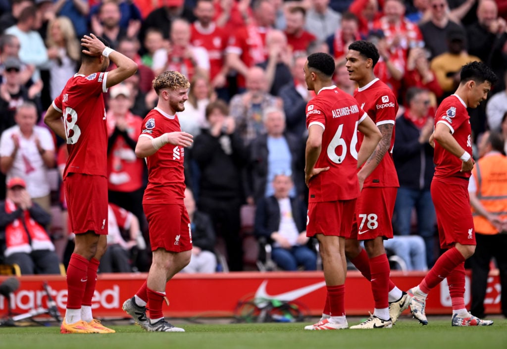 (THE SUN OUT, THE SUN ON SUNDAY OUT) Harvey Elliott of Liverpool celebrates after scoring the fourth goal during the Premier League match between L...