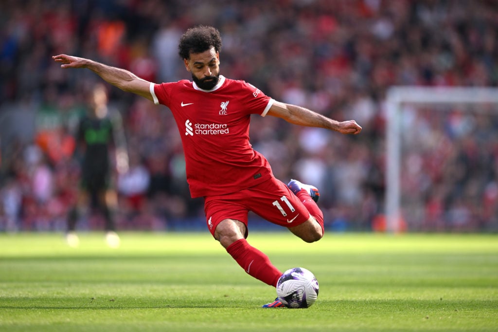 Mohamed Salah of Liverpool in action during the Premier League match between Liverpool FC and Tottenham Hotspur at Anfield on May 05, 2024 in Liver...